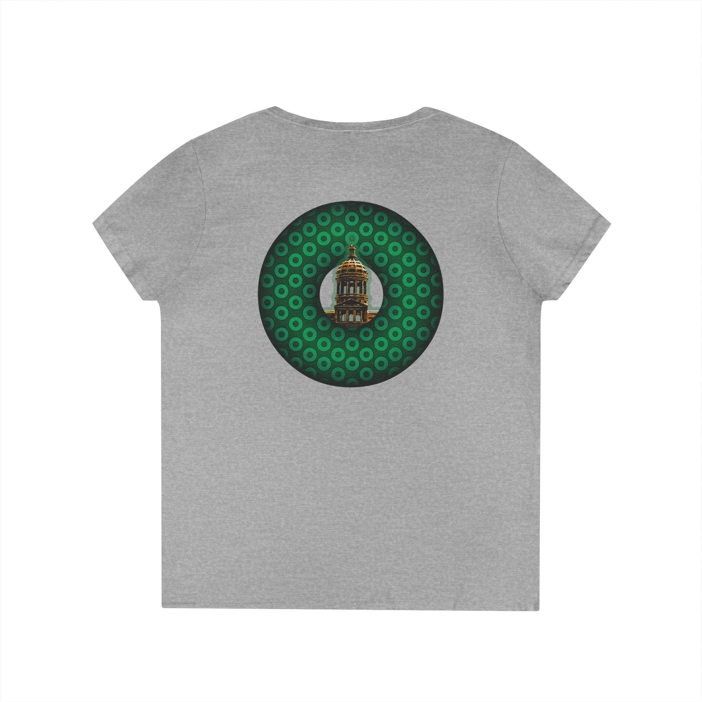 Women's Donut V-Neck Tee - "Save the Mondegreen City Hall Clock Tower" - variant 2 - green/green paradox donut w/