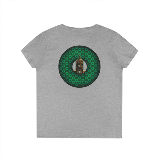 Women's Donut V-Neck Tee - "Save the Mondegreen City Hall Clock Tower" - variant 2 - green/green paradox donut w/