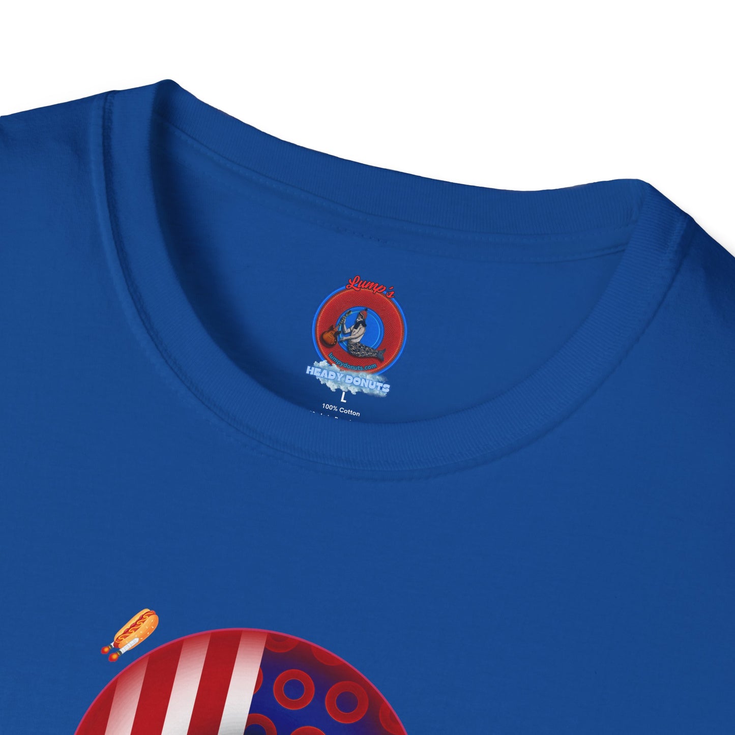 Classic Donut Tee - Unisex Soft-Style - "Uncle Sam's Donuts & Stripes" - vivid flag donut w/raw dogger
