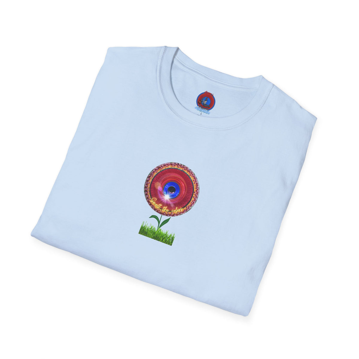 Classic Donut Tee - Unisex Soft-Style - "Smell the Donuts Outside on my Lawn"  " variant 2 - blue donut on red donut/flower