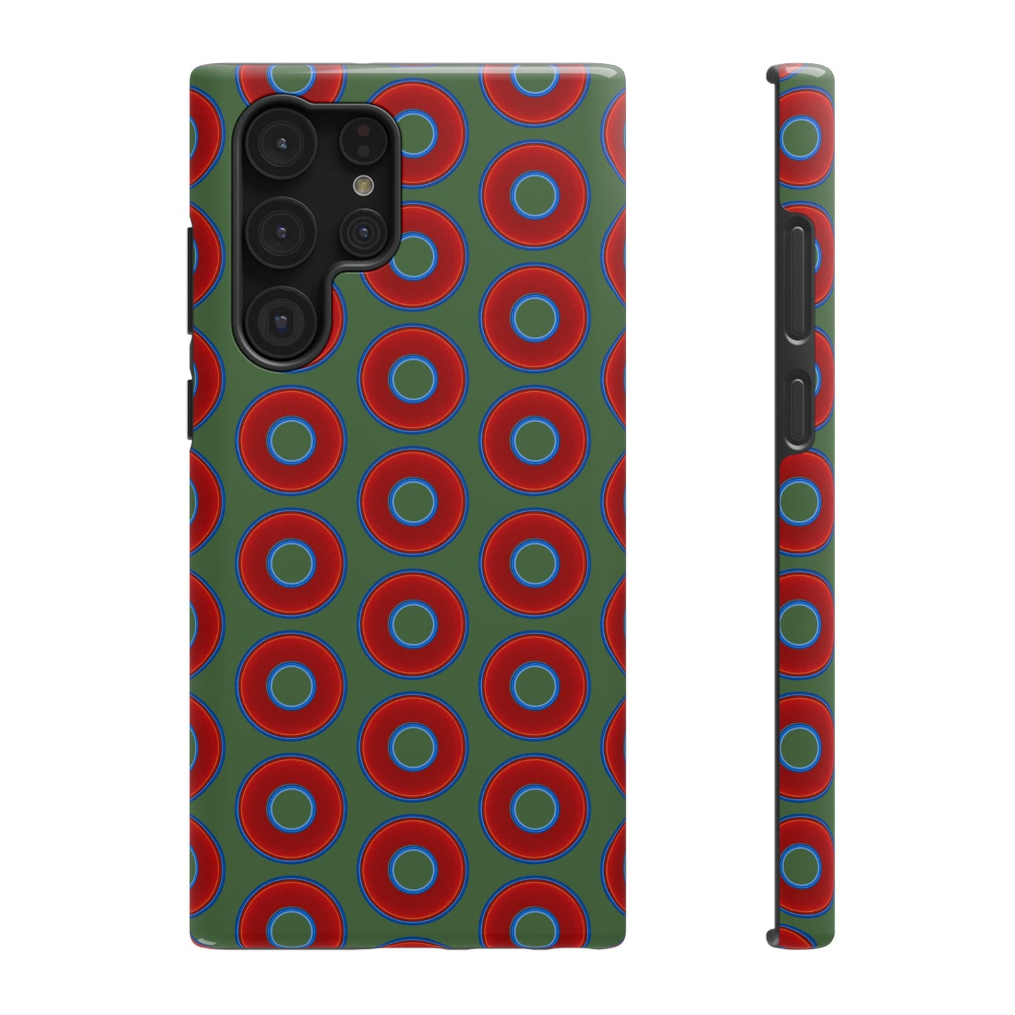 Impact-Resistant Lumpy Donut Case - red vivid donut print w/dark green background