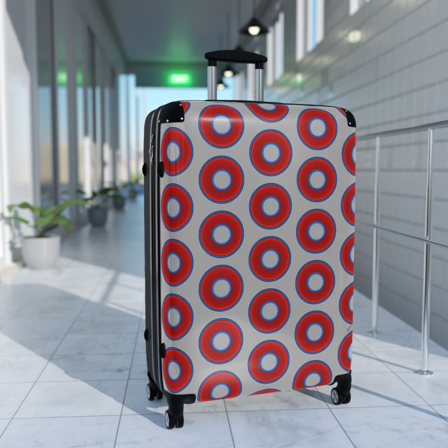 The Very Lumpy Donut Suitcase series - your choice of S, M or L - vivid red donut print w/light gray background
