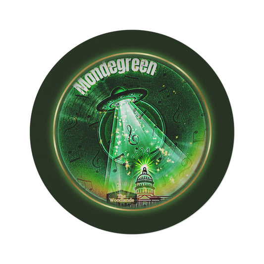 Round Room - 5 ft x 5 ft Lumpy Donut Rug - "Close Encounters of the Delaware Kind" - vivid green record donut w/deep forest green background - variant 2