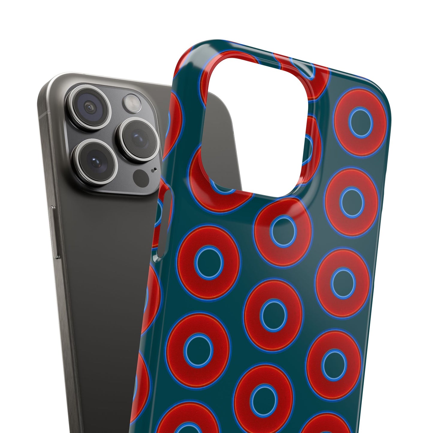 Lumpy Donut Snap Case - red vivid donut print w/midnight teal green background