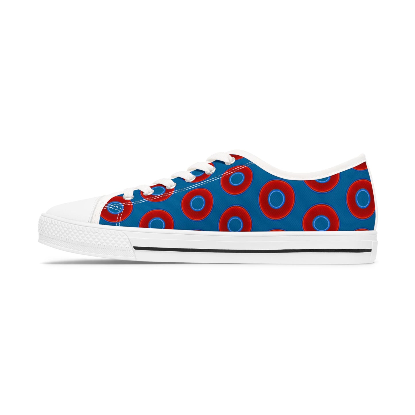 Women's - Low Top Chuck Taylors - large vivid red donut print w/wavy navy background