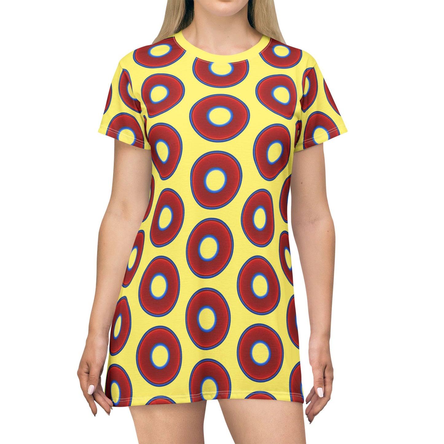 Not a Muumuu AOP Tee Shirt Dress - red vivid donuts w/yellow background
