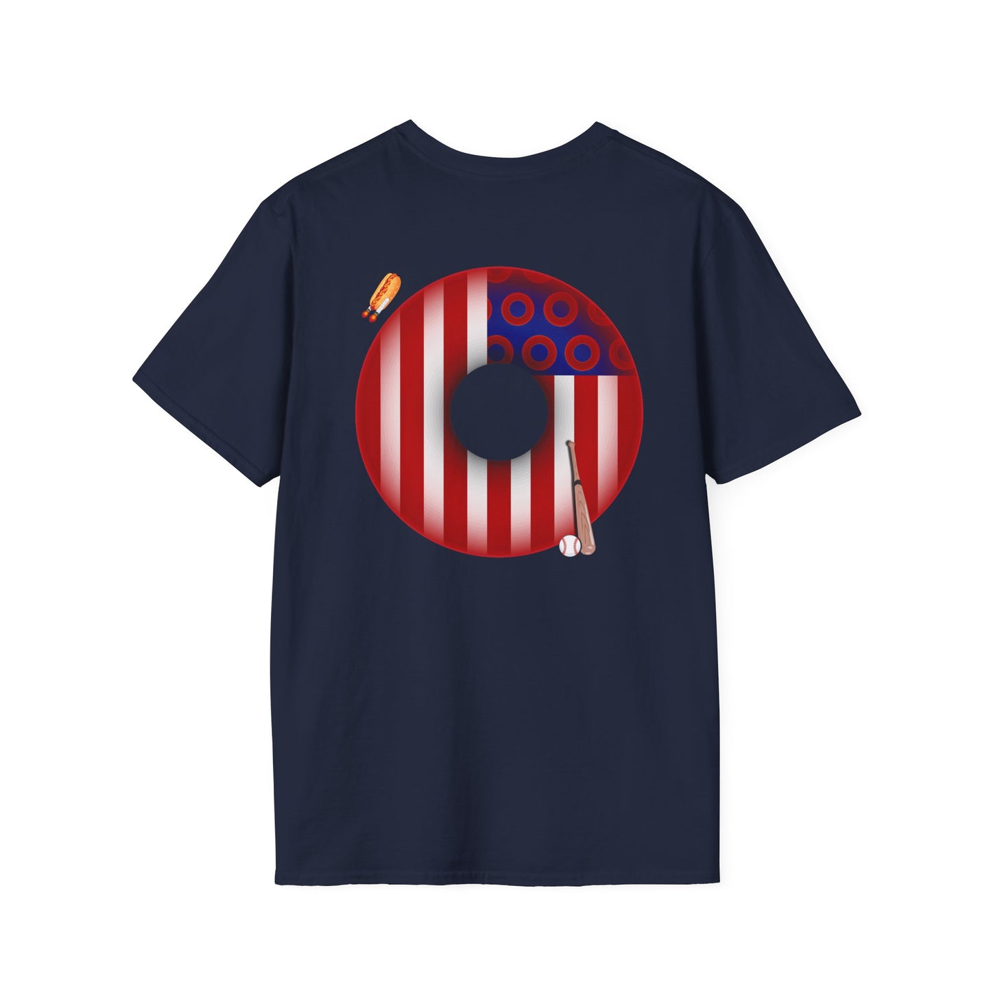 Classic Donut Tee - Unisex Soft-Style - "Uncle Sam's Donuts & Stripes" - vivid flag donut w/raw dogger
