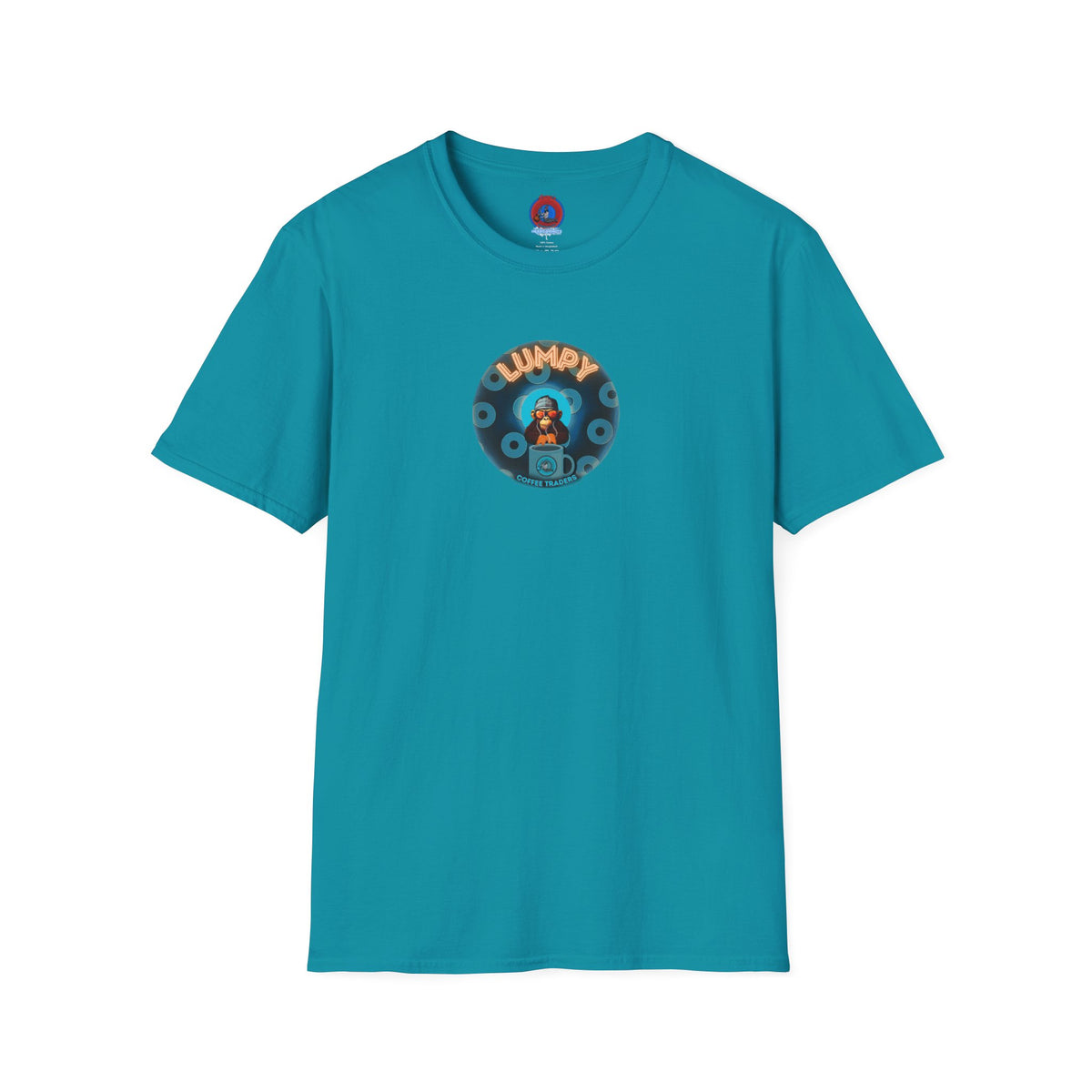Coffee Traders Tee - Unisex Soft-Style - "Tasty Coffee" - paradoxical donut/cubed blue donut - variant 2 - logo front/It's Ice Cube's back