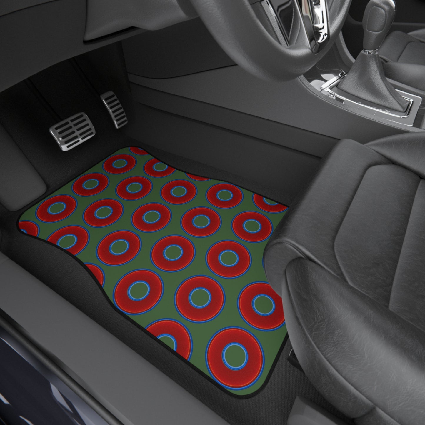 Contacted Car Mats - vivid donut print w/dark green background