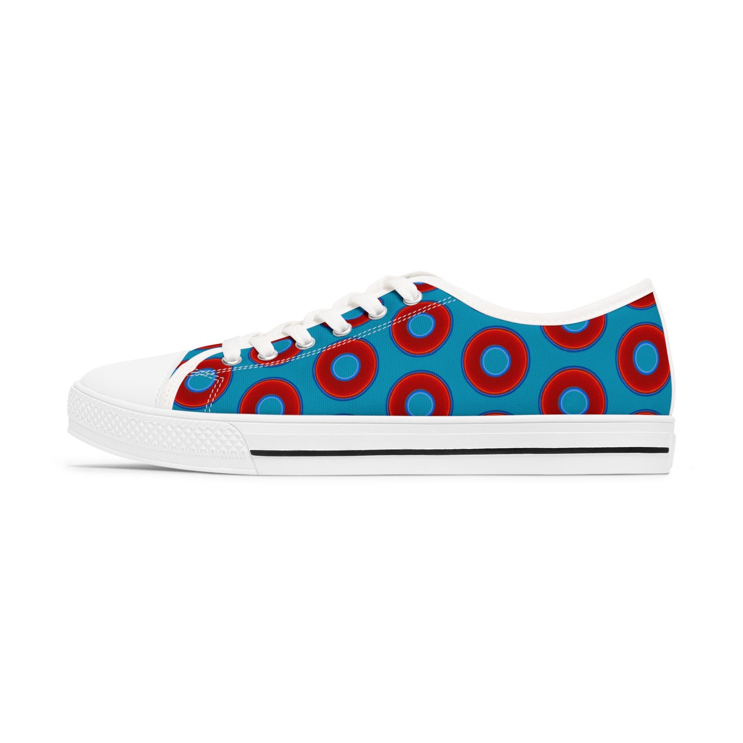 Women's - Low Top Chuck Taylors - large vivid red donut print w/aquamarine blue background