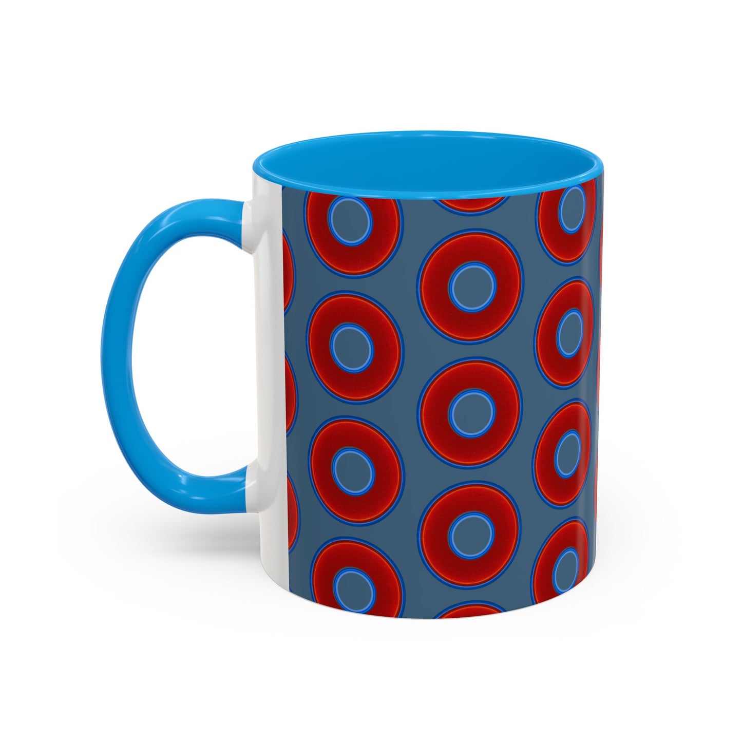 Lump's Grumpy Coffee Mug - vivid red donuts w/steel blue background