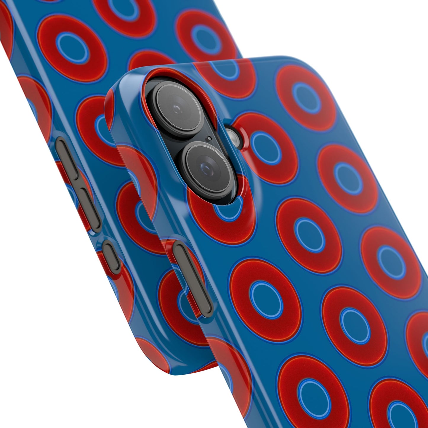 Lumpy Donut Snap Case - red vivid donut print w/wavy navy blue background