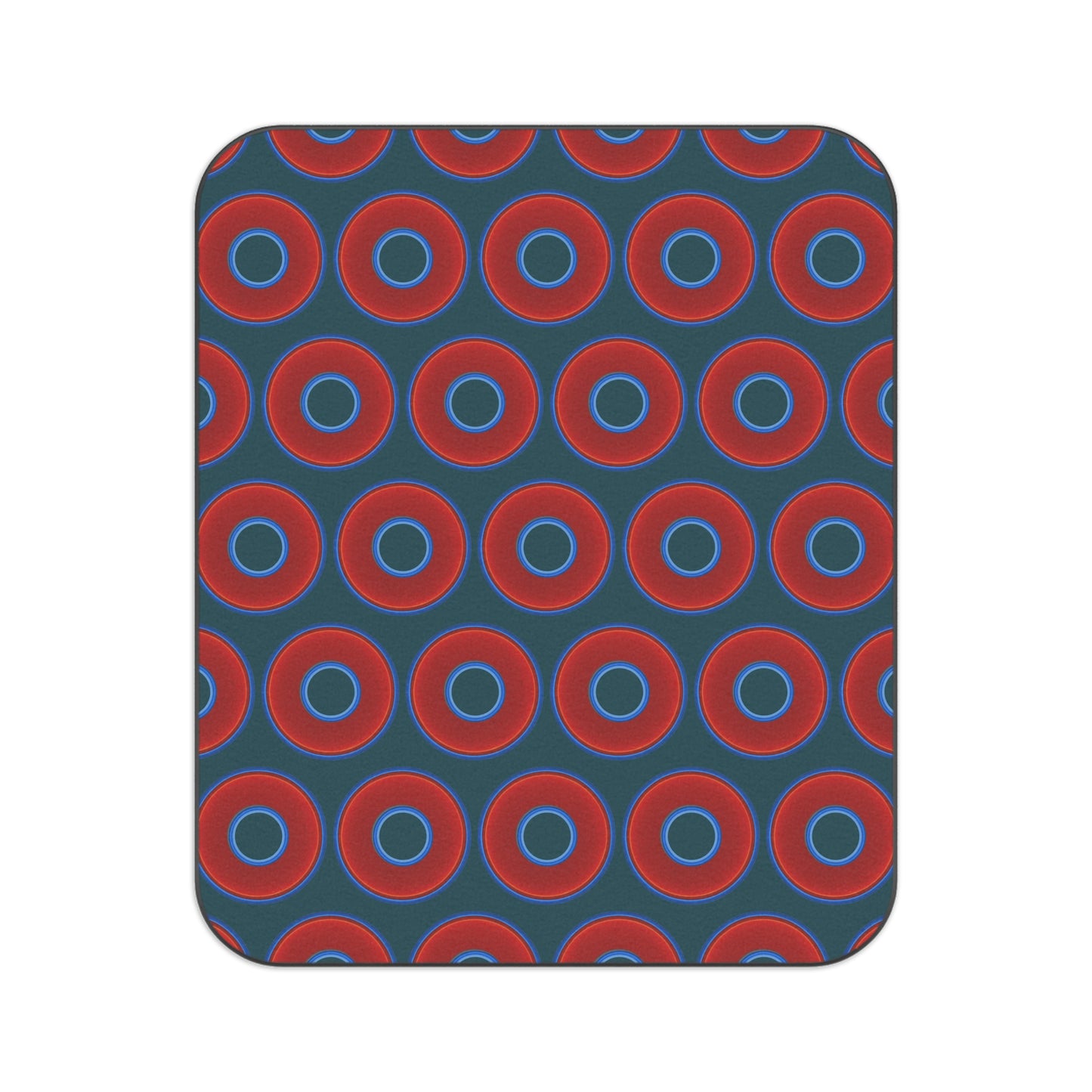 The Lumpy Party Blanket - giant water-resistant outdoor blanket [61" x 51"] - vivid red donuts w/midnight green background