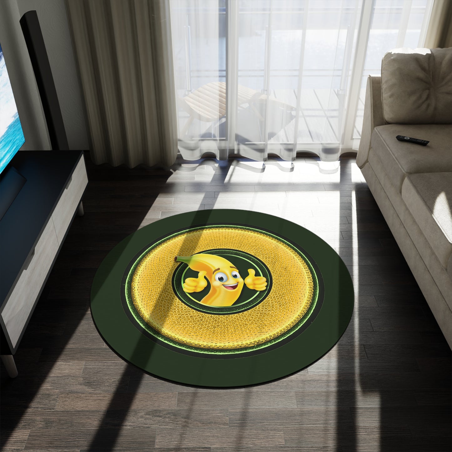 Round Room - 5 ft x 5 ft Lumpy Donut Rug - "Banana Bread Donut " - rustic golden donut w/deep forest green background - variant 2