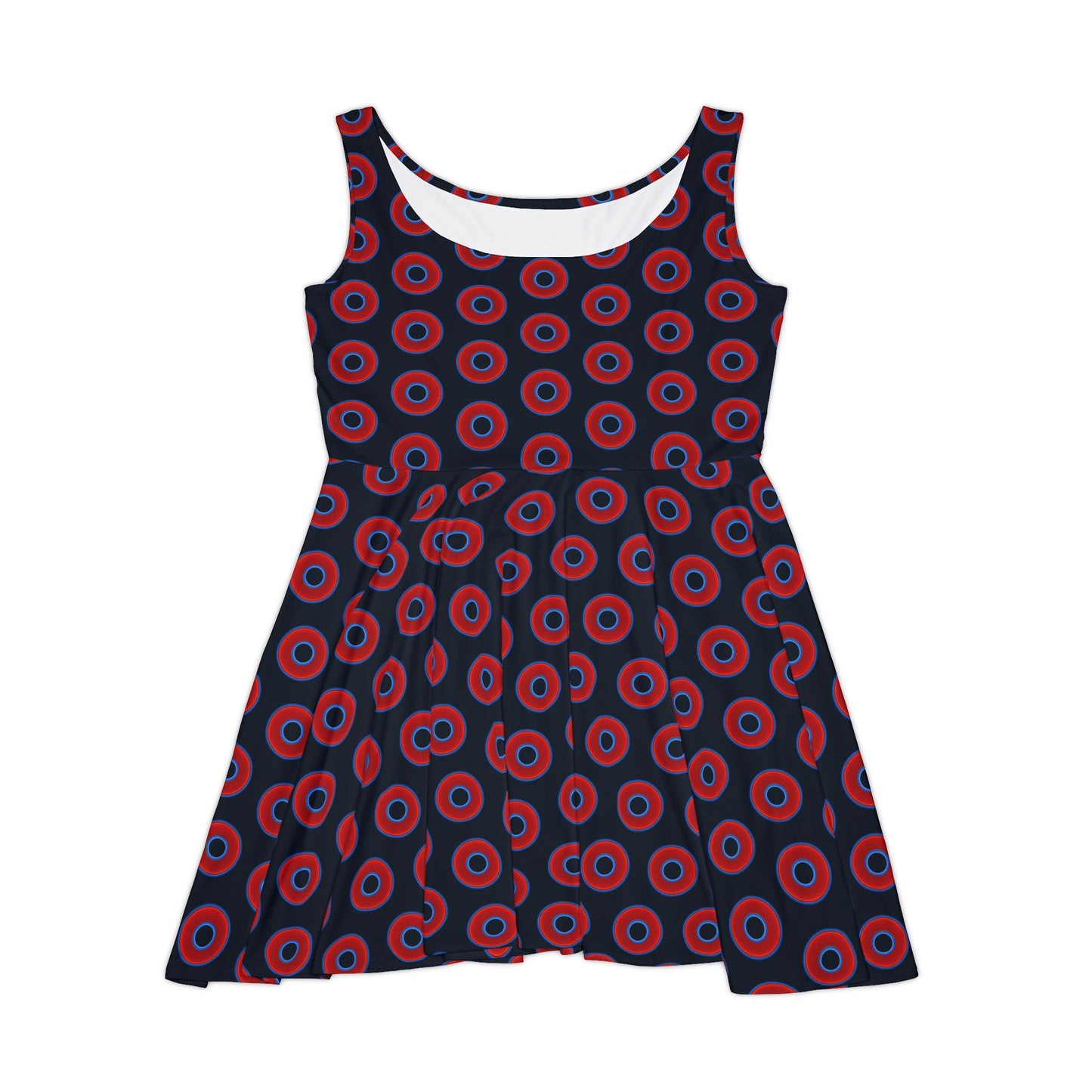 Women's Skater Donut Dress - vivid red donut print w/blue charcoal background