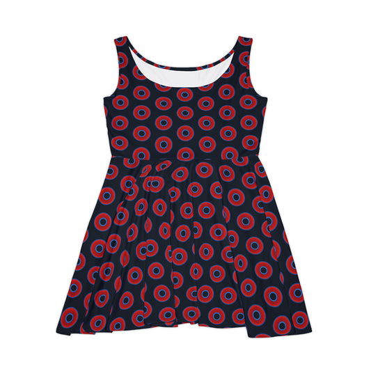 Women's Skater Donut Dress - vivid red donut print w/blue charcoal background