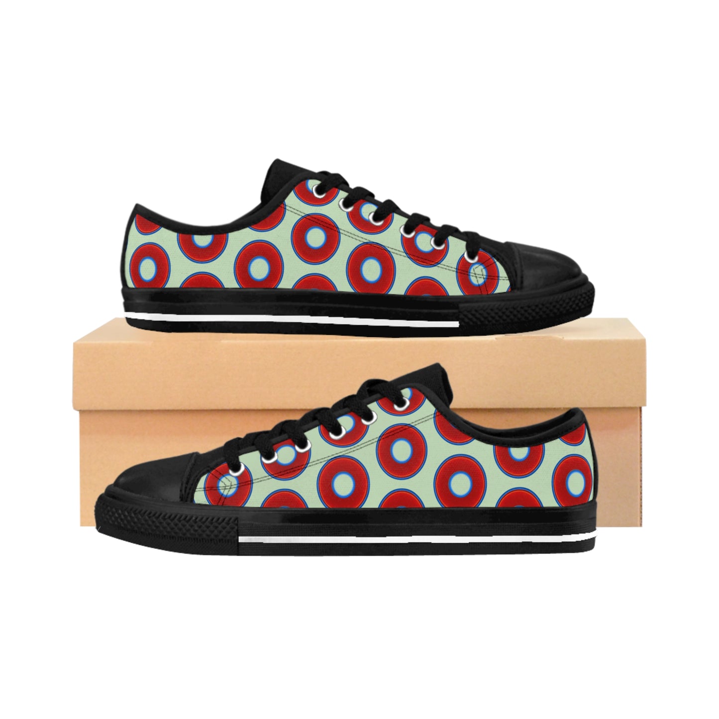 Men's Cushiony Convectors - Low Top - large red vivid donut print w/seafoam green background