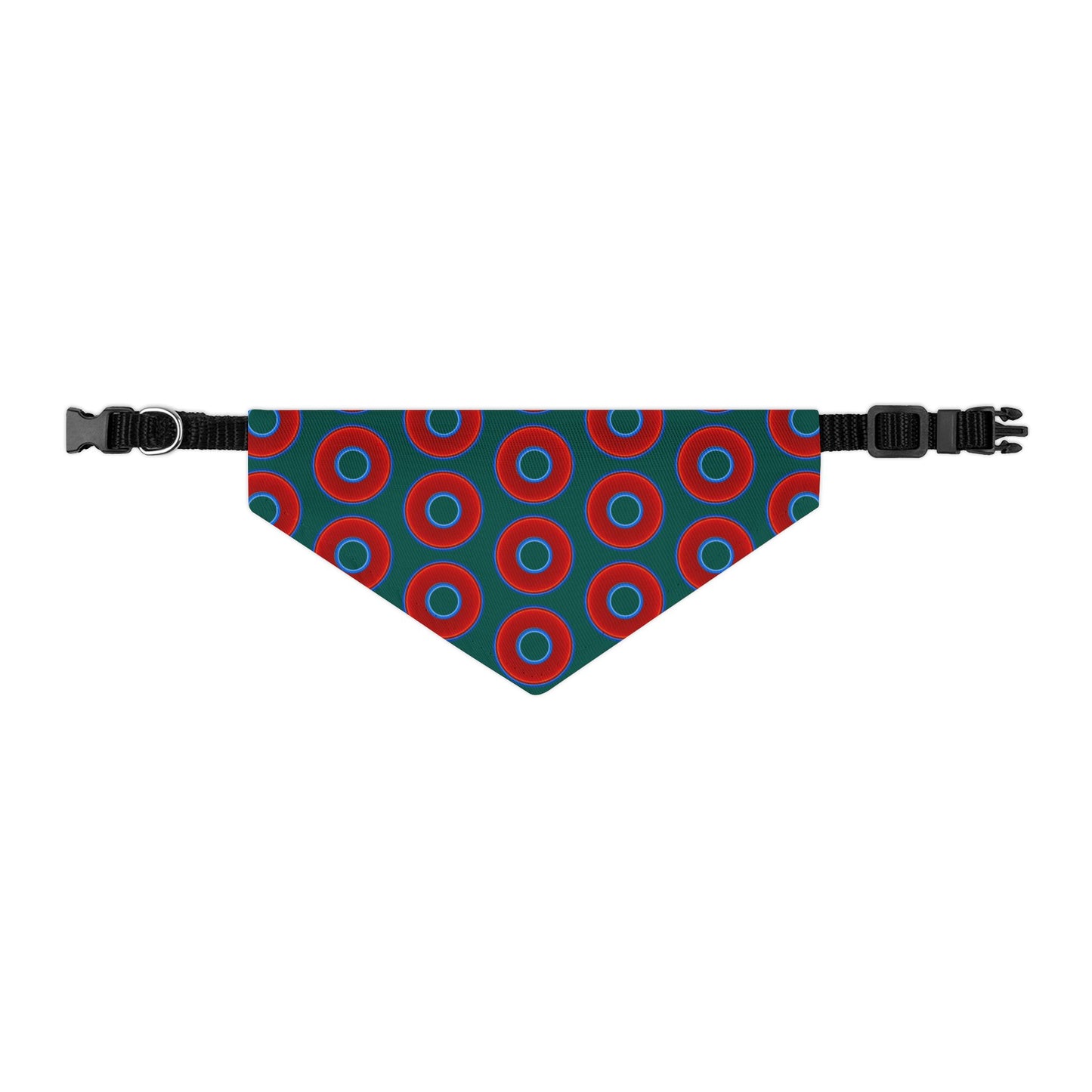 Jim's Lumpy Bandana Pet Collar - vivid red donuts w/dark Fenway green background