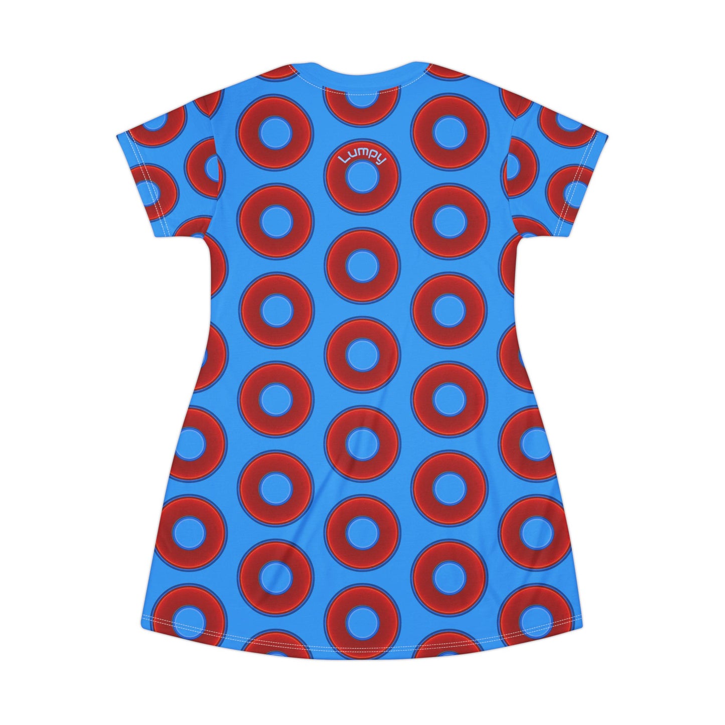 Not a Muumuu AOP Tee Shirt Dress - red vivid donuts w/sky royal blue background