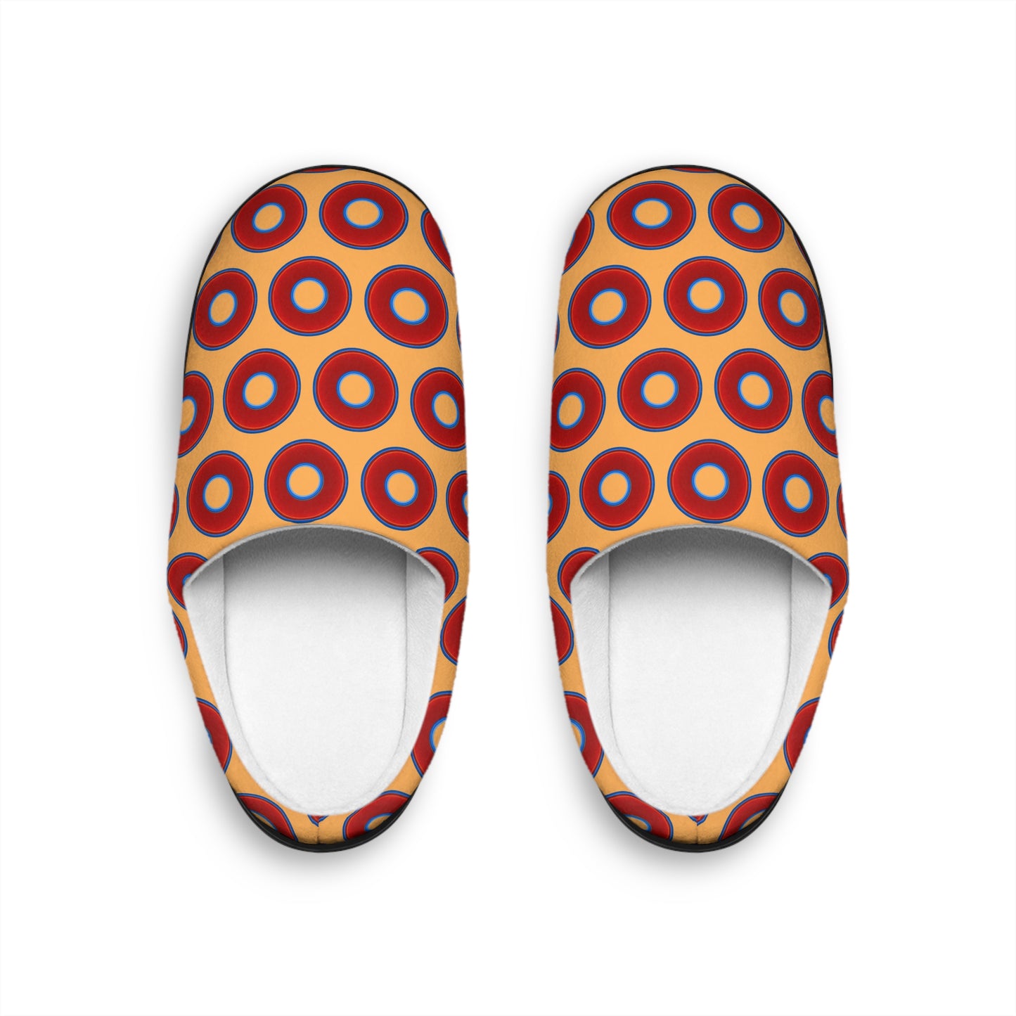 Women's Lumpy Slippers - red vivid donut print w/creamsicle orange background
