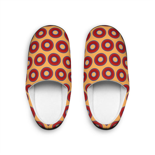 Women's Lumpy Slippers - red vivid donut print w/creamsicle orange background