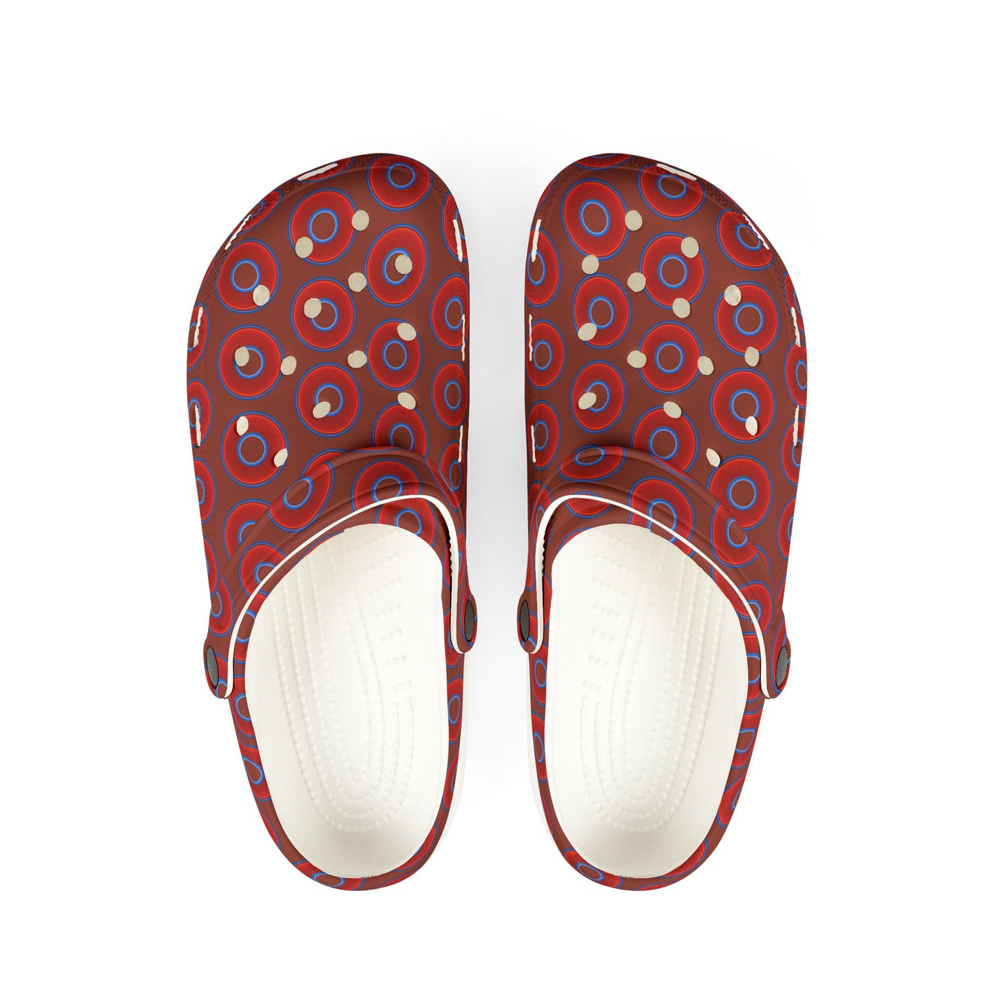 Spatchcocks - donut slip-on shoes - vivid red donuts w/burnt umber background [unisex]
