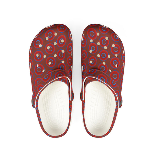 Spatchcocks - donut slip-on shoes - vivid red donuts w/burnt umber background [unisex]
