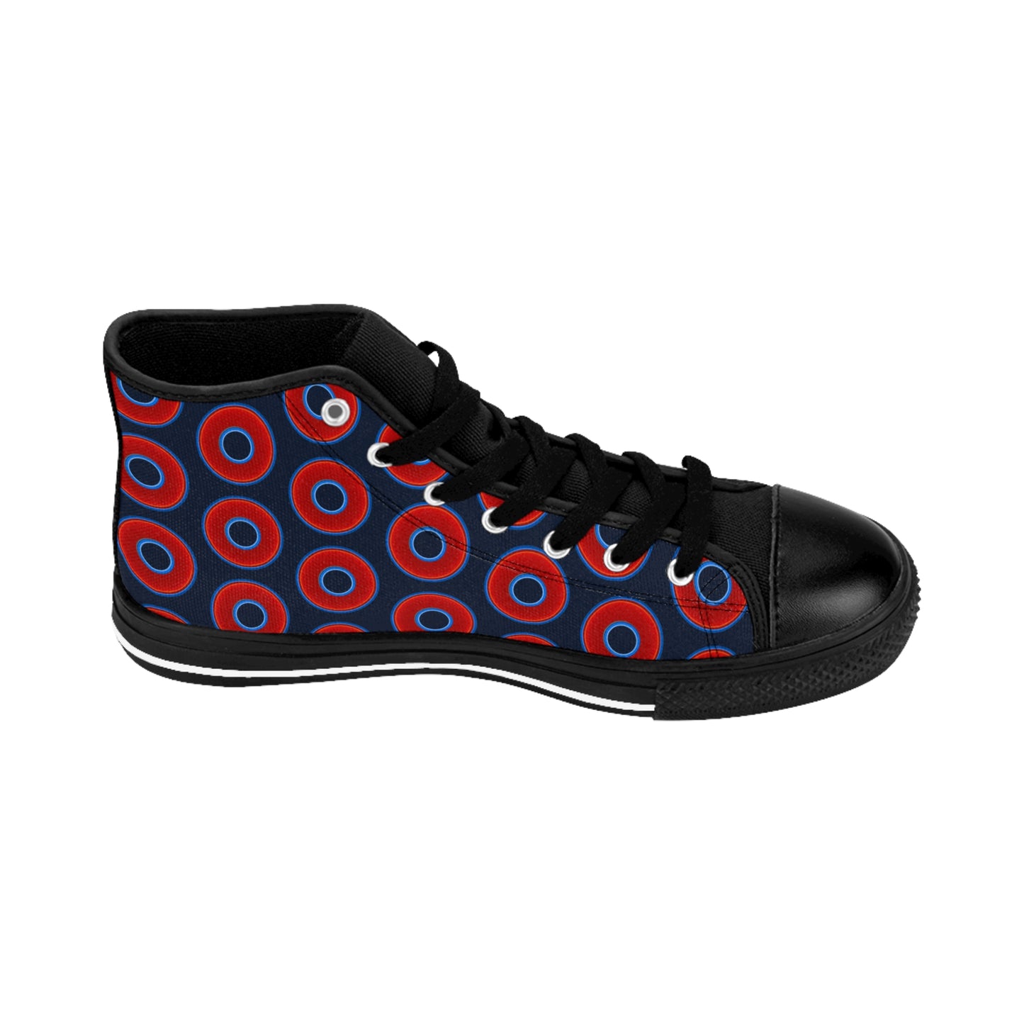 Cushiony Convectors - High Tops - red vivid donuts w/dark teal blue elite background