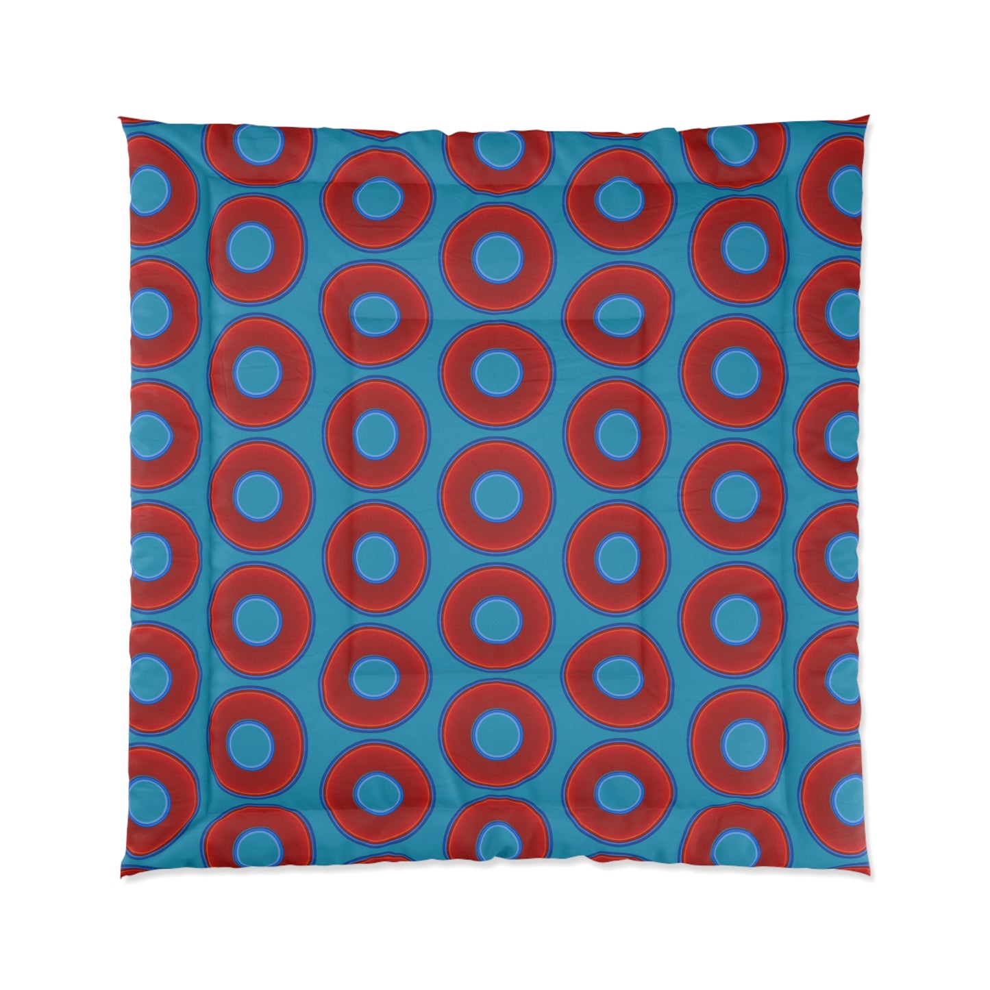 The Very Lumpy Comforter - vivid red donuts w/aquamarine blue background