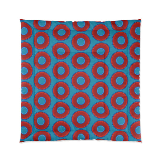 The Very Lumpy Comforter - vivid red donuts w/aquamarine blue background