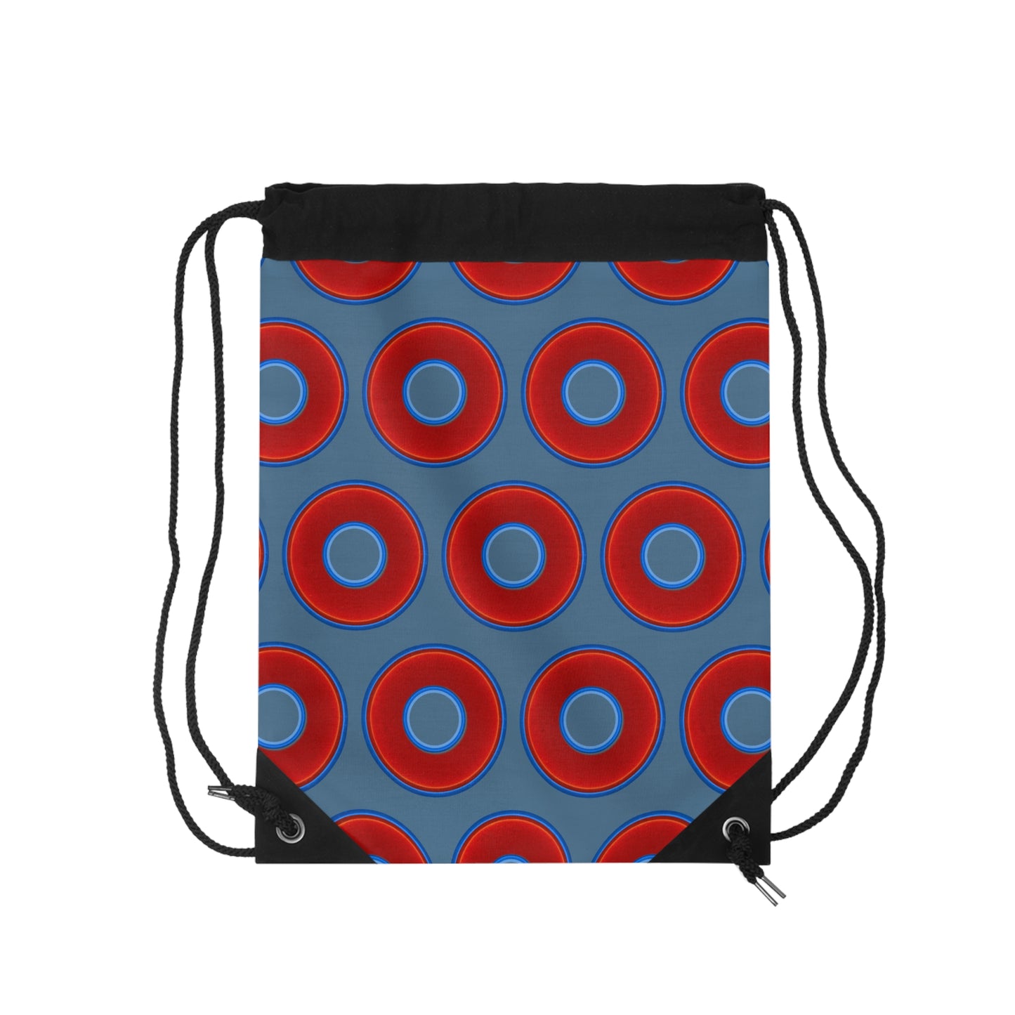 Lumpy Donut Drawstring Bag - red vivid donuts print w/steel blue background