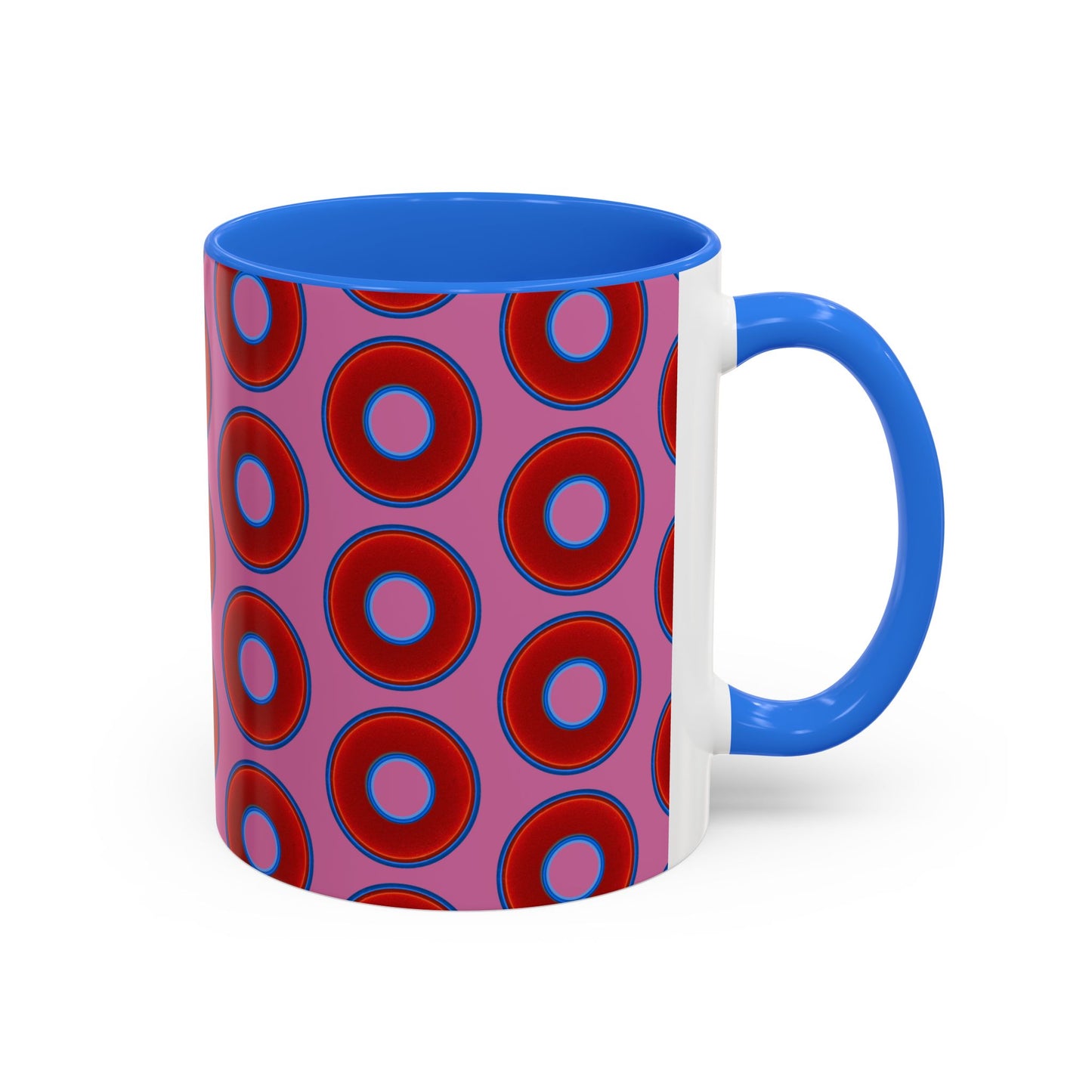 Lump's Grumpy Coffee Mug - vivid red donuts w/pink background
