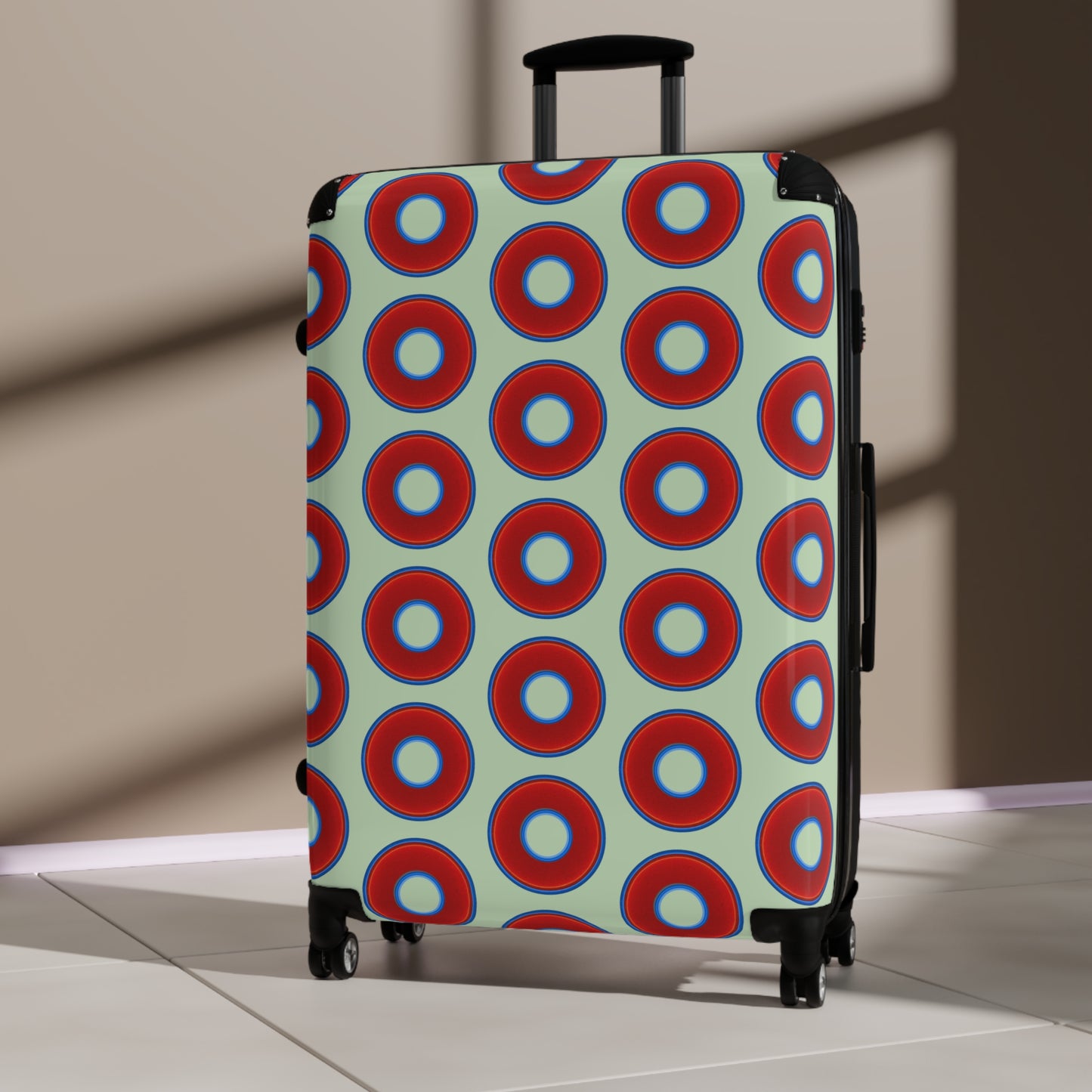 The Very Lumpy Donut Suitcase series - your choice of S, M or L - vivid red donut print w/seafoam background