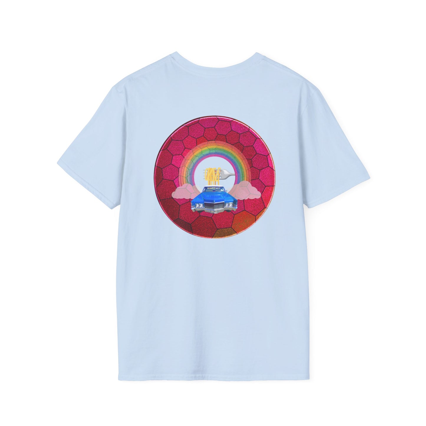 Classic Donut Tee - Unisex Soft-Style - "Cadillac Rainbows Donut Tee " - variant 2 - magenta hexadonut w/blue caddy
