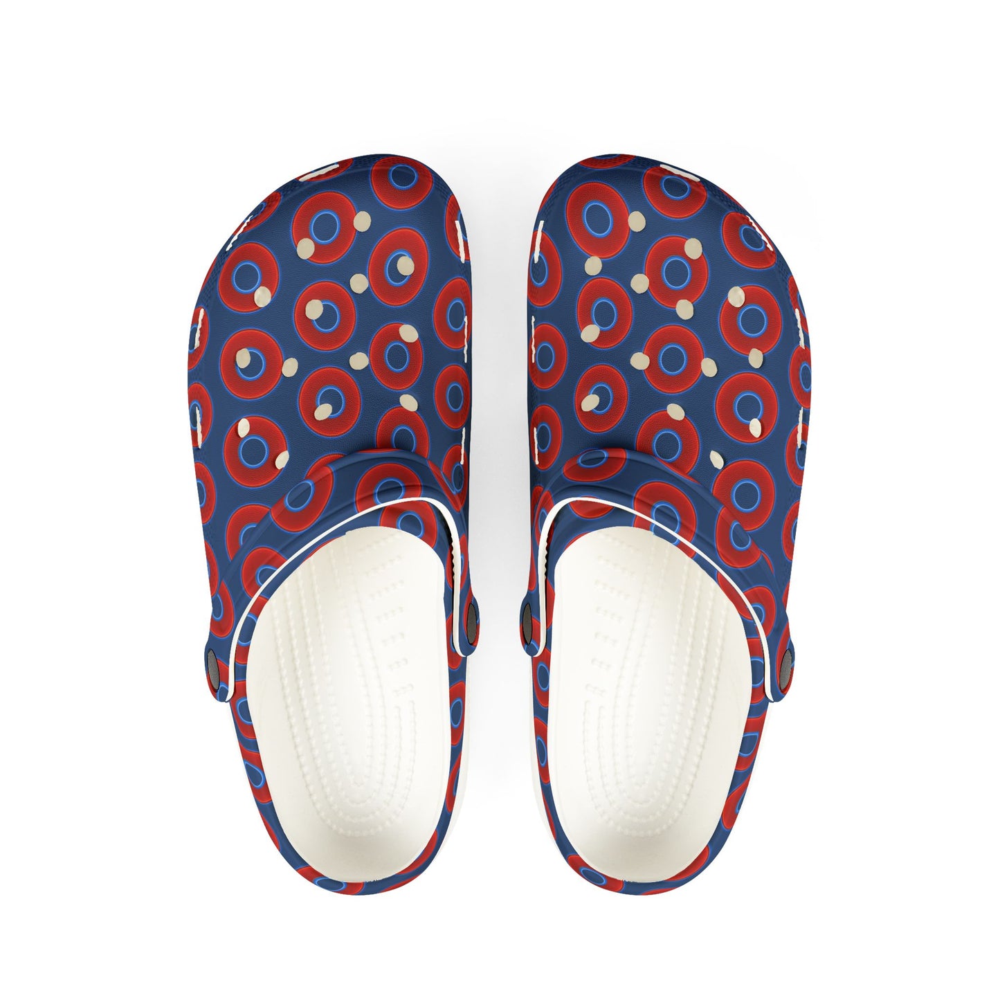 Spatchcocks - donut slip-on shoes - vivid red donuts w/Atlantic navy background [unisex]
