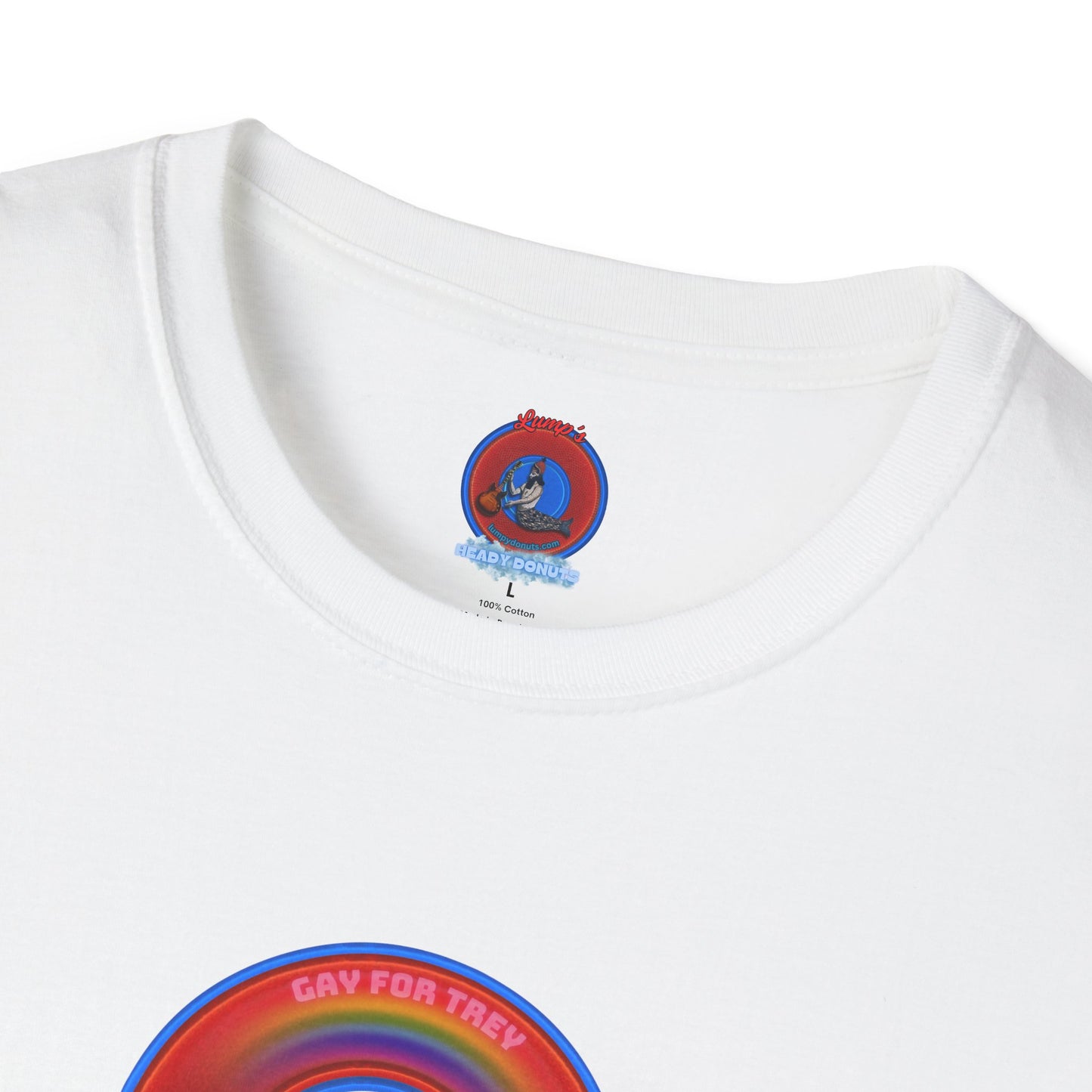 Classic Donut Tee - Unisex Soft-Style - "Yes You Are Mark!" - vivid red/blue donut