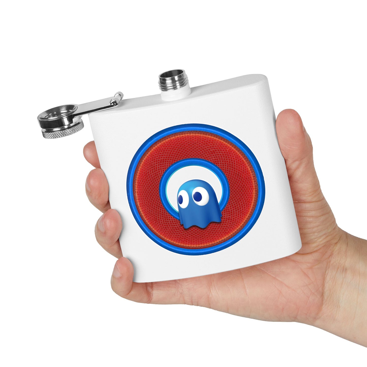 Lump's Donut Flask 6 oz -  "The Storied Donut Flask" - variant 1 - red/blue rustic donut - [*w/your choice of 6 backgrounds]