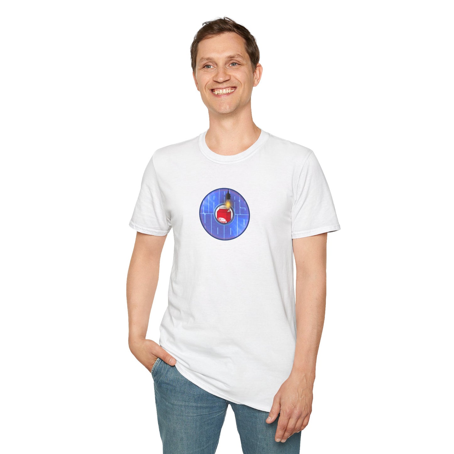 Classic Donut Tee - Unisex Soft-Style - "Harry Left His Donut Shirt" - series 1.0  - variant 4 - purple/blue donut - w/milk & light on