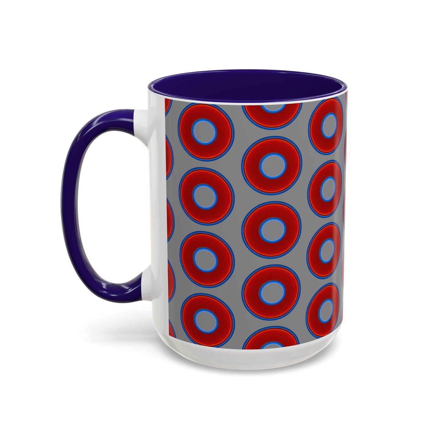 Lump's Grumpy Coffee Mug - vivid red donuts w/gray background