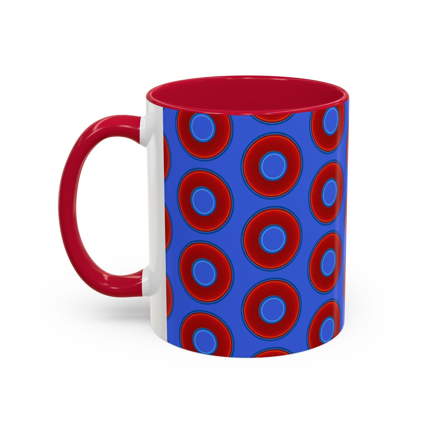 Lump's Grumpy Coffee Mug - vivid red donuts w/royal blue background