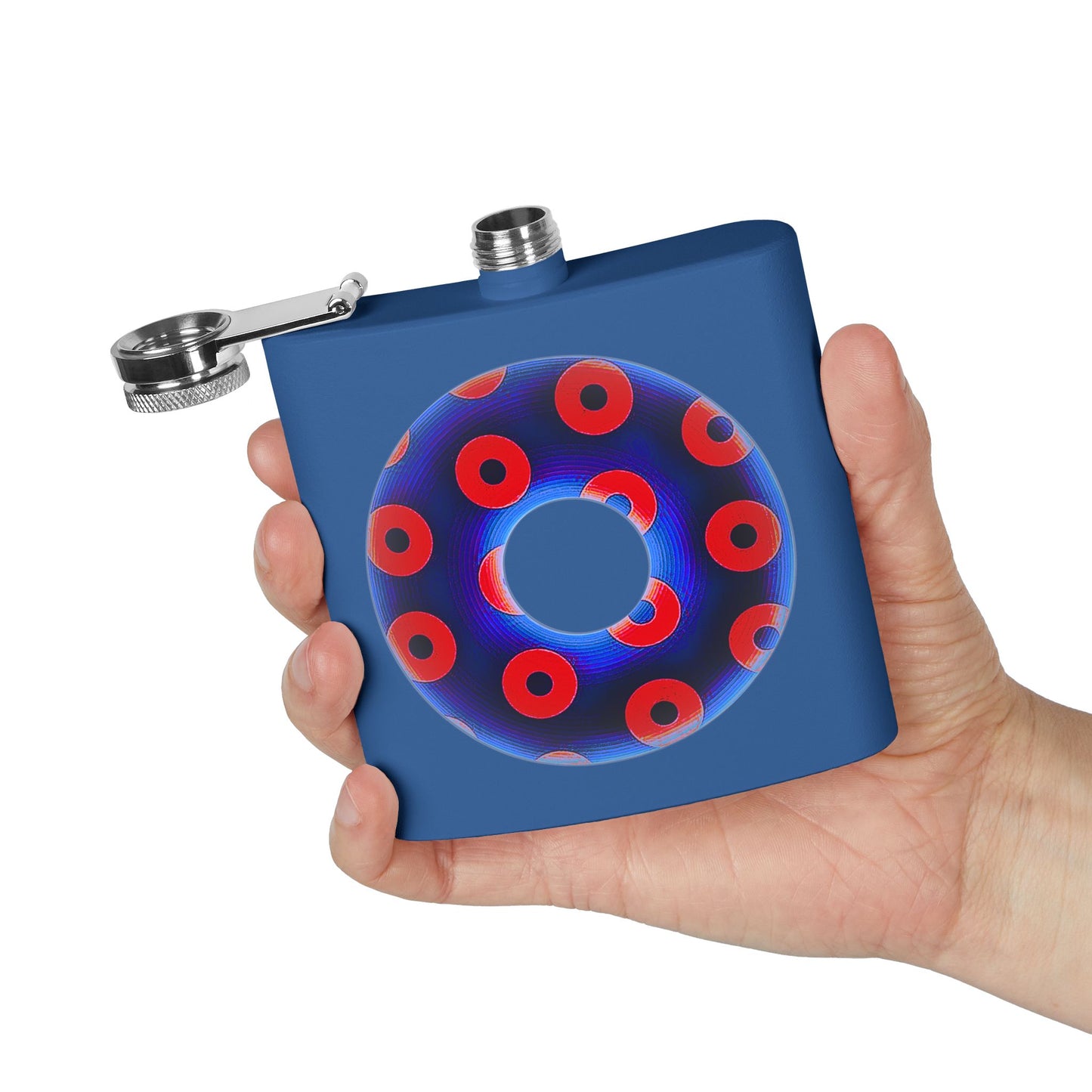 Lump's Donut Flask 6 oz -  Blue/Red Blimpy Paradox Donut - [*w/your choice of 5 backgrounds]