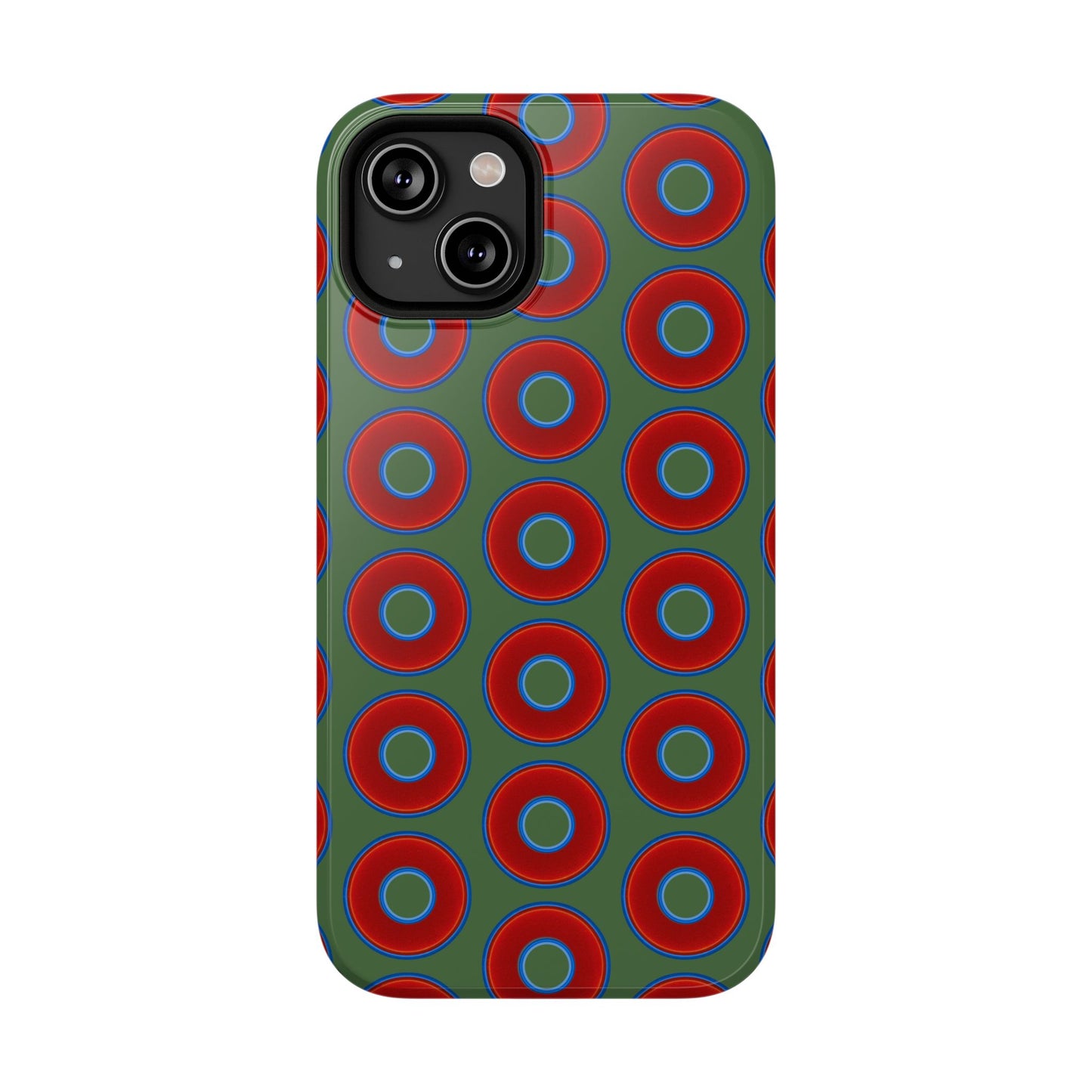 Impact-Resistant Lumpy Donut Case - red vivid donut print w/dark green background