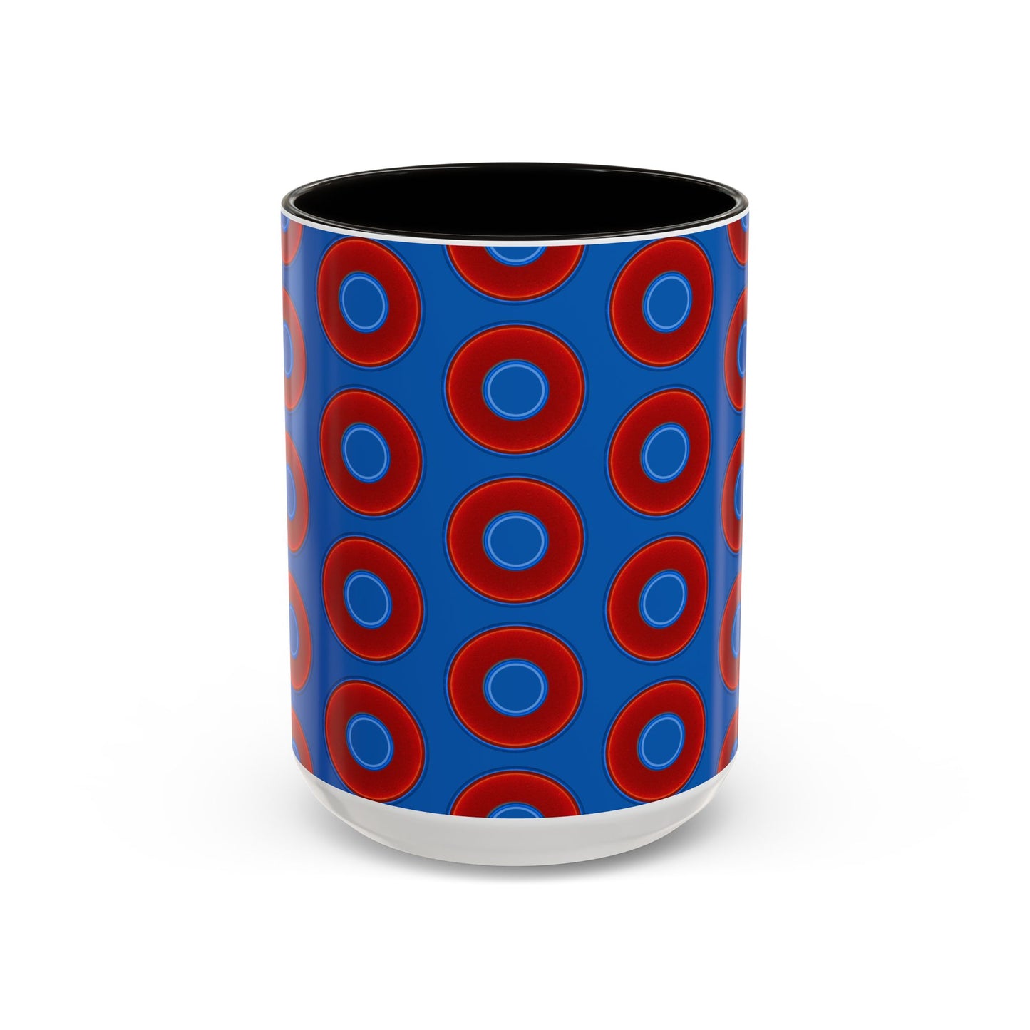 Lump's Grumpy Coffee Mug - vivid red donuts w/dark royal blue background