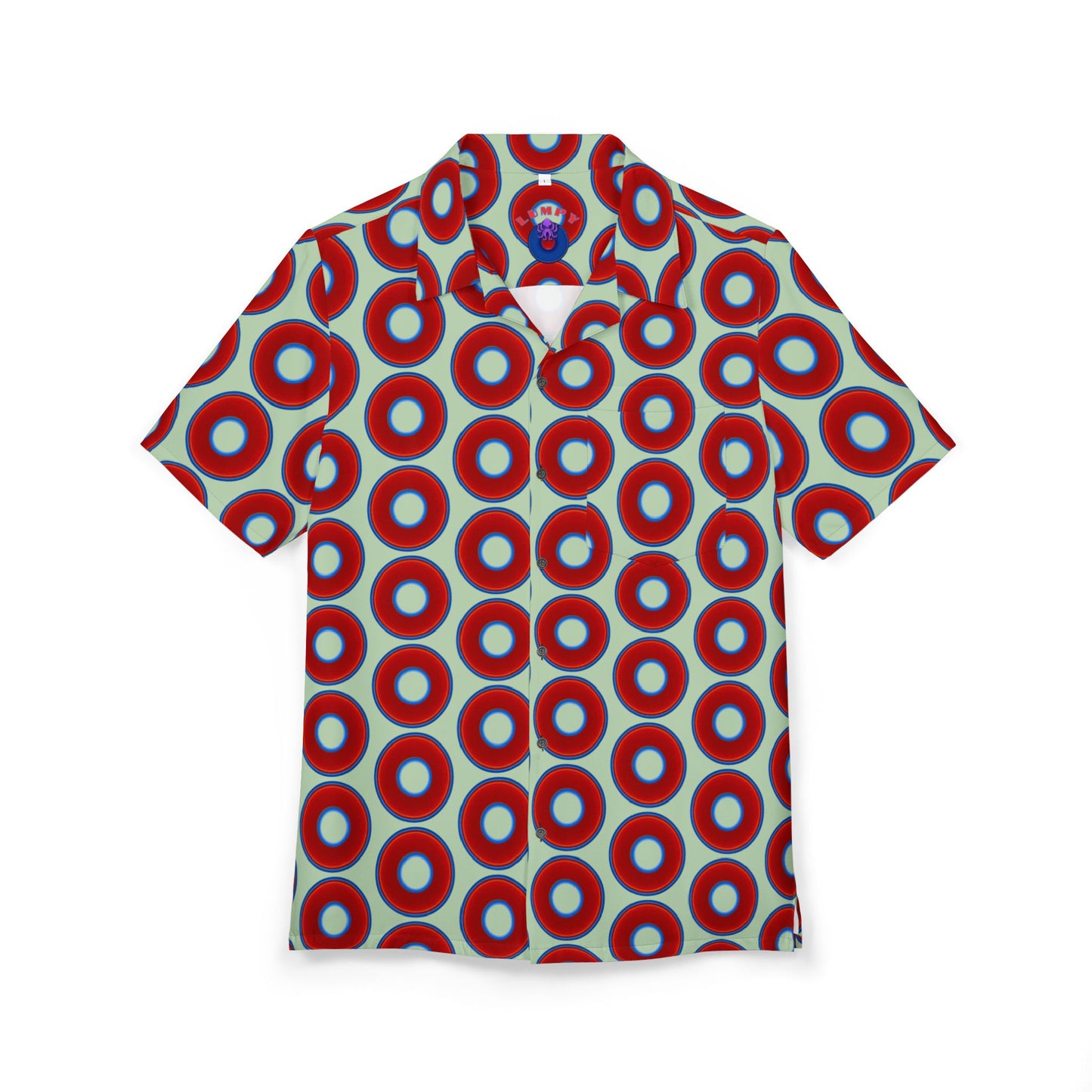 Wilson's 'Epic Hawaiian-Punch' Shirt - vivid red donut print w/seafoam background [unisex]