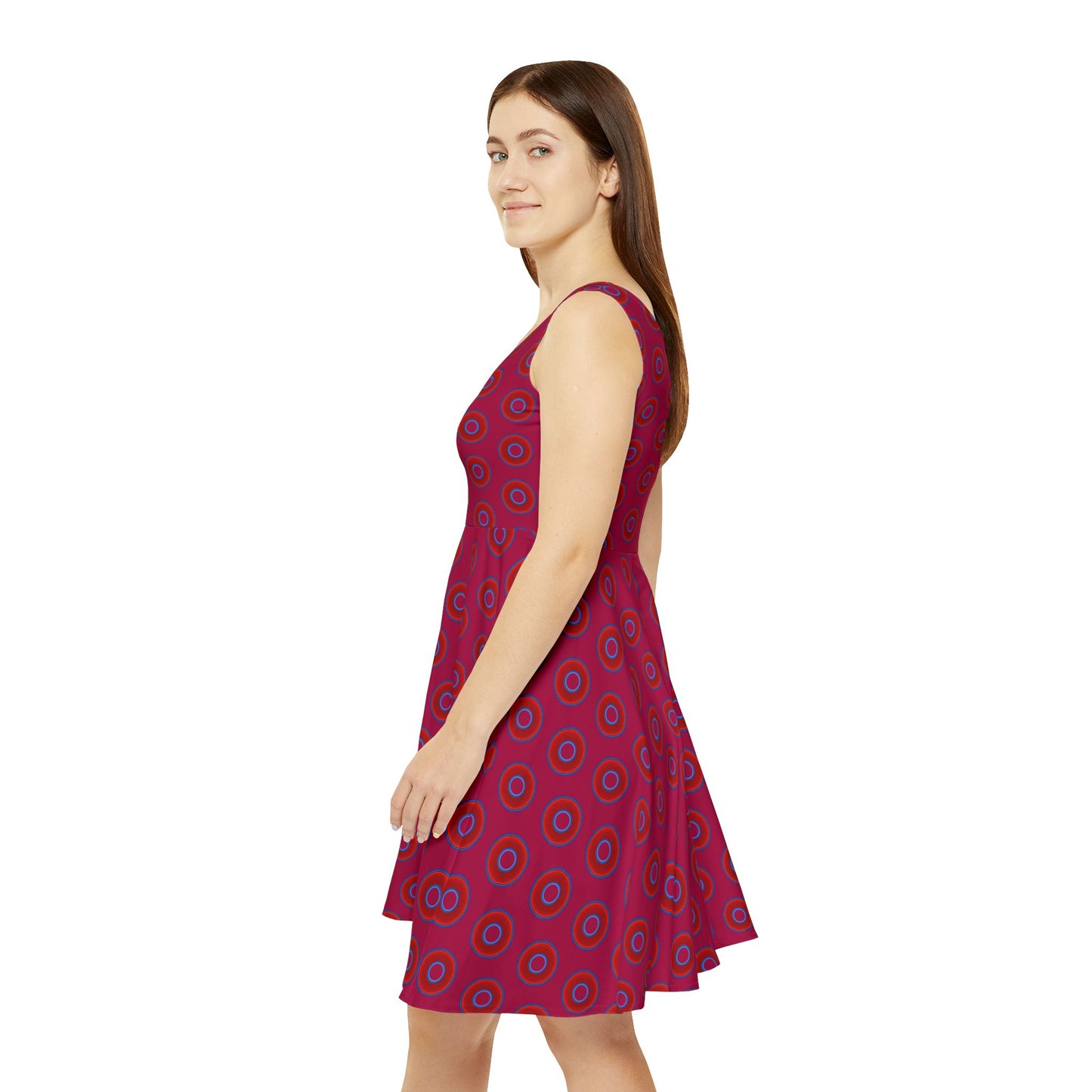 Women's Skater Donut Dress - vivid red donut print w/dark magenta background