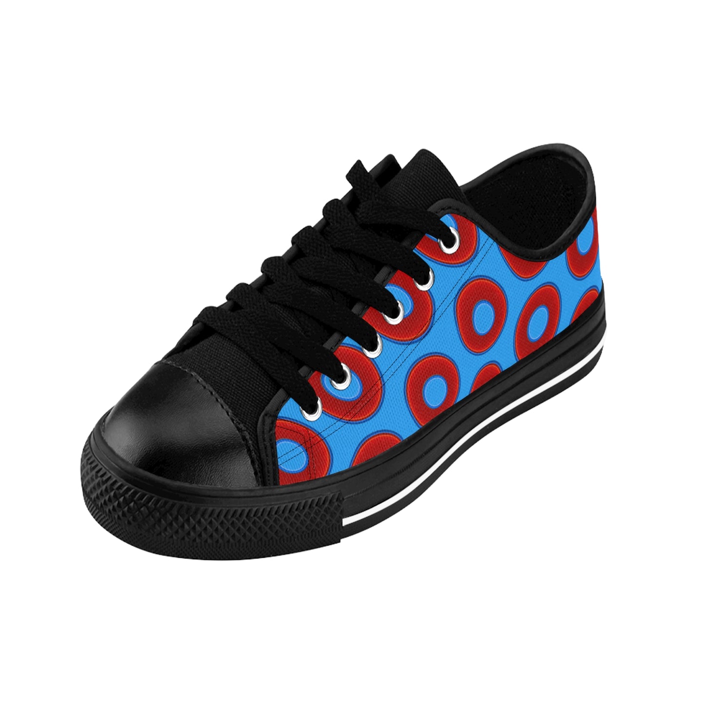 Women's Cushiony Convectors - Low Top - large red vivid donut print w/sky royal blue background