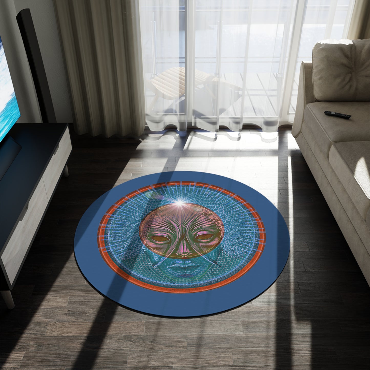 Round Room - 5 ft x 5 ft Lumpy Donut Rug - "Conjurers of Awesome Donuts" - rustic red/blue donut w/light navy background - variant 2