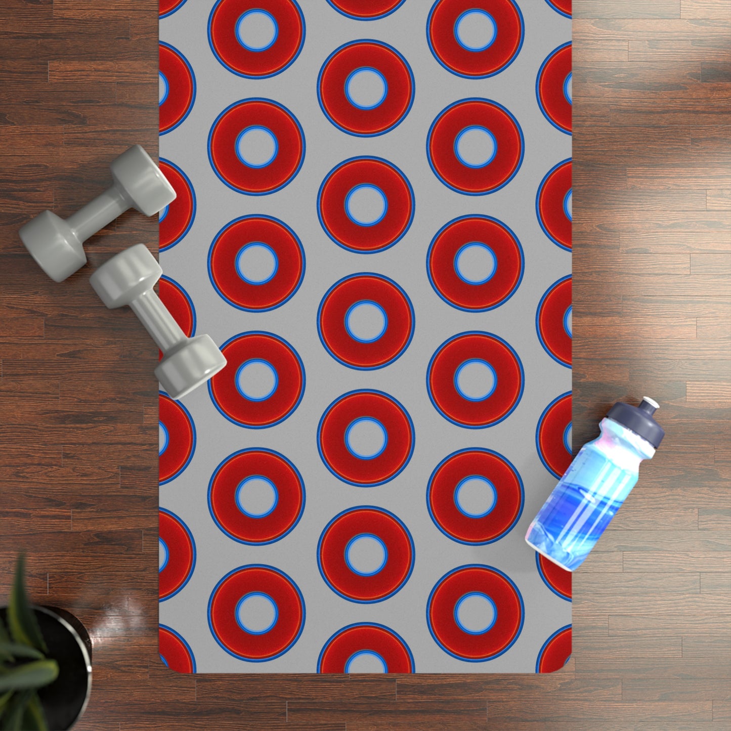 Lumpy Donut Yoga Mat :) - 24″ x 70" - vivid red donut print w/light gray background