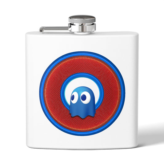 Lump's Donut Flask 6 oz -  "The Storied Donut Flask" - variant 1 - red/blue rustic donut - [*w/your choice of 6 backgrounds]