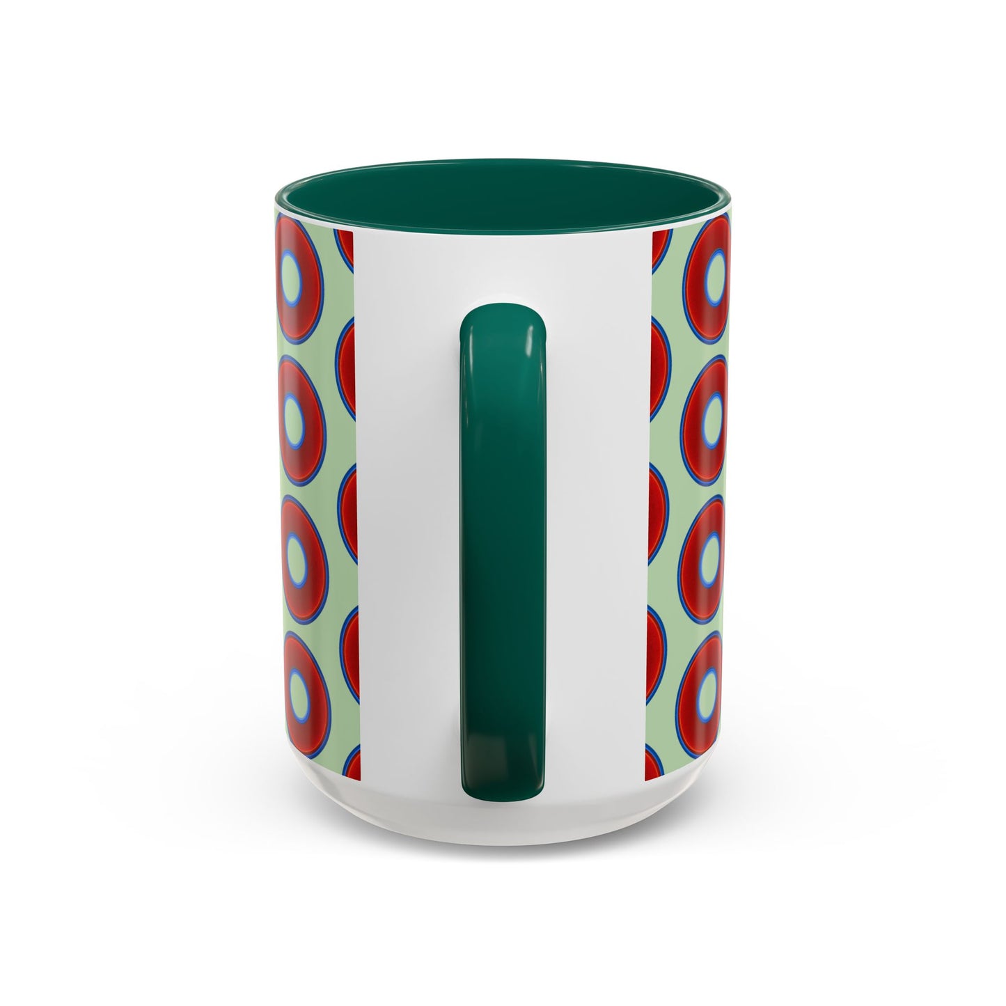 Lump's Grumpy Coffee Mug - vivid red donuts w/seafoam background